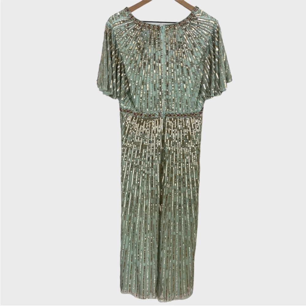 Mac Duggal Silver and Green Maxi Dress with Sequin Elegance - Picture 3 of 9